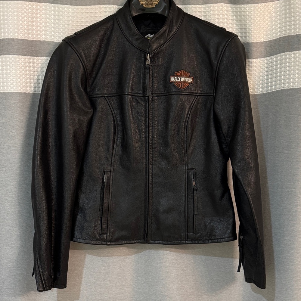 Harley-Davidson Black Leather Bomber Jacket with Chest Shield Patch